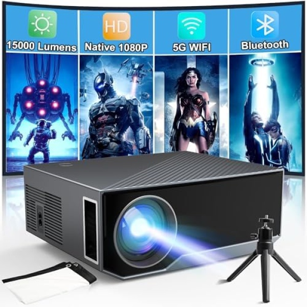 Projector with Wifi and Bluetooth, Native 1080P 15000 Lumens 500 ANSI 4K Mini